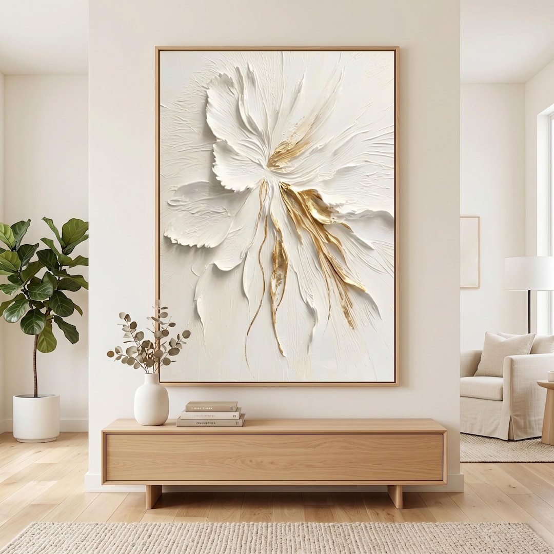 3D Flower Wall Art | White Floral Print | Gold Textured Decor - Etsy