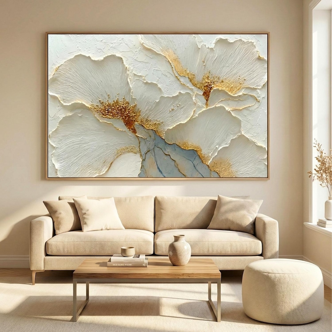 3D Floral Wall Art | White Gold Textured Flower Decor | Neutral Luxury ...