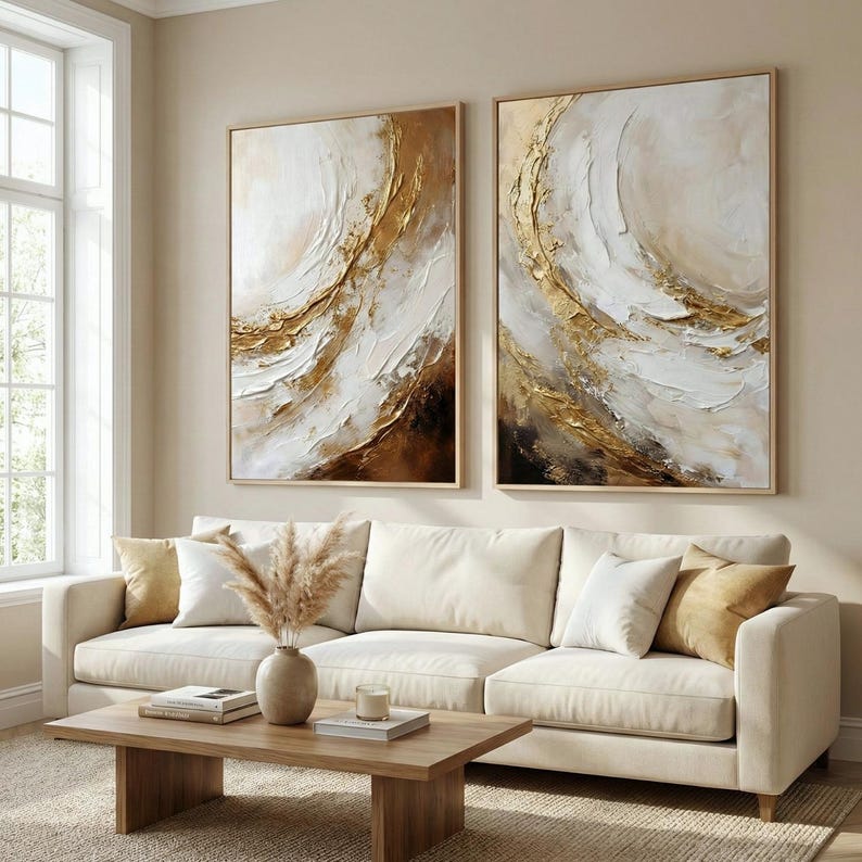Abstract Art Set of 2 | Neutral Beige Gold Textured Prints for Modern ...