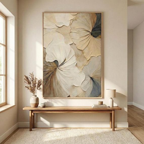 3D Floral Wall Art | Textured Beige Abstract Flower Print | Neutral Modern Decor