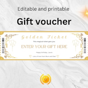 Editable Golden Ticket Gift Voucher Template | Birthday Gift Voucher | Printable Gold Ticket Template | Gold Gift Voucher / concert ticket