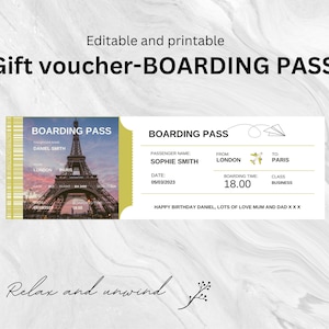 Surprise Airline Gift | Printable Boarding Ticket | Surprise Trip | Plane Ticket Vacation | Editable Boarding Pass Ticket Template / Paris