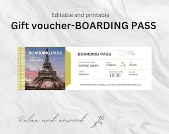 Surprise Airline Gift | Printable Boarding Ticket | Surprise Trip | Plane Ticket Vacation | Editable Boarding Pass Ticket Template / Paris