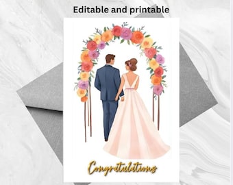 Op de afbeelding: Trouwkaart met een aquarel illustratie van een stel onder een bloemenboog. De bruid draagt een witte jurk en de bruidegom een blauw pak. De woorden "Congratulations" zijn in gouden letters geschreven.