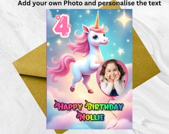 Unicorn 4th Birthday Card Editable | Add Name & Photo | Happy Birthday Card Age 4 | Printable Instant Download | DIY Kids Card