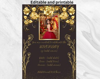 Puede incluir: Invitación de cumpleaños negra y dorada con foto de una persona con vestido rojo. La invitación incluye el texto "Editable and printable" y solicita fecha, hora y lugar.