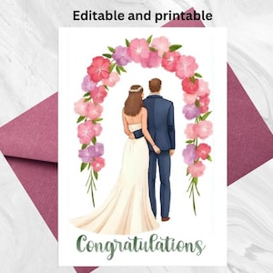 Editable Wedding Card Bride Groom | Watercolor Congrats Card | Instant Download | Boho Wedding Printable | Wedding Card | Congratulations