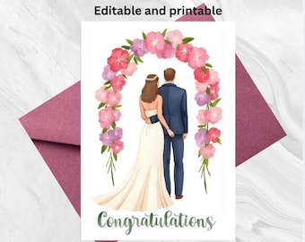 Op de afbeelding: Een huwelijksfelicitatiekaart met een stel onder een bloemenboog van roze en paarse bloemen. De kaart leest "Gefeliciteerd" in groen schrift, met "Bewerkbaar en printbaar" bovenaan. Een roze envelop staat op de achtergrond.