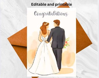 Op de afbeelding: Een huwelijksfelicitatiekaart met een illustratie van een bruid en bruidegom die elkaars hand vasthouden. De kaart heeft de tekst "Congratulations" in zilveren letters. De woorden "Editable and printable" staan bovenaan. Een oranje envelop staat op de achtergrond.
