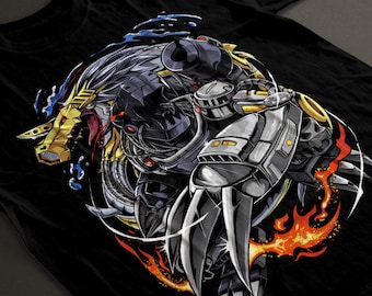 Digimon Machinedramon & Metalseadramon Dark Master Digi-duo T-Shirt, showcasing the Water and fire balance of Dark Masters Digimon adventure