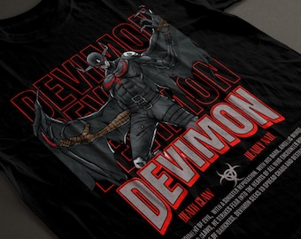 Devimon: Not Your Average Angel | Digimon T-Shirt | Black, Dark Angel Devimon champion level Digimon shirt from Digimon adventures 1999