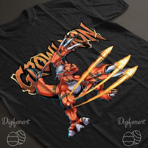 Peut inclure: T-shirt noir avec un dessin animé d'un dragon orange et blanc, avec des accents de feu et des griffes acérées. Le mot "GROWL" est en orange et or. Le logo Digifanart est dans les coins inférieurs.