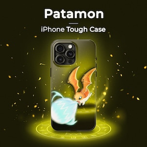 May include: A black iPhone case with a clear back featuring a cartoon illustration of a yellow and orange creature with wings, breathing a blue and white energy blast. The case has a raised camera bump with three black camera lenses. The text "Patamon" is written in white at the top of the image.
