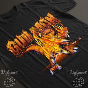 Peut inclure: T-shirt noir avec un motif graphique enflammé. Le design comprend le mot "GUNMAN" dans une police de caractères en flammes, avec une illustration détaillée d'une créature en feu. L'œuvre d'art est vibrante avec des teintes orange, jaune et rouge.