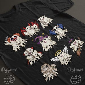Puede incluir: Camiseta negra con un diseño de fantasmas de dibujos animados disfrazados para Halloween. Los fantasmas están disfrazados de payaso, diablo, vampiro y momia. La camiseta tiene el texto "Digifanart" y un logotipo.