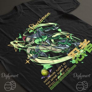 May include: Black t-shirt with a green and gold illustration of a Shurimon character from the Digimon franchise. The illustration features the character in a fighting pose with a green and gold swirl around them. The text "Shurimon" is written in gold above the character. The text "SHURITION SWIFT AS THE WIND, SHARP AS STEEL FOR NO EVIL" is written in gold below the character.