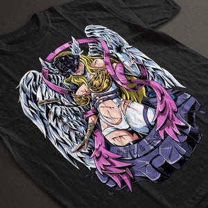 May include: Black t-shirt featuring a detailed illustration of a female warrior with angel wings, a helmet, and a flowing purple sash. The artwork has a comic book style with bold lines and vibrant colors, including white, gold, and blue.
