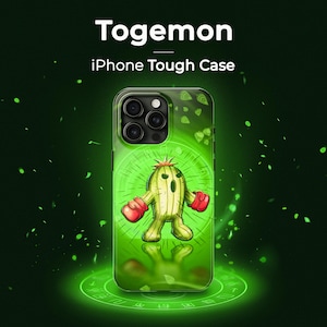May include: A green, black, and red iPhone case with a cartoon image of a green, cactus-like Pokemon character with red boxing gloves. The case has the text "Togemon" and "iPhone Tough Case" printed on it.