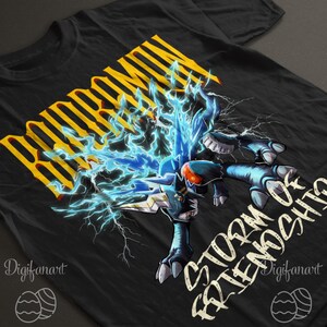 May include: Black t-shirt featuring a blue and white illustration of a robotic creature with lightning effects. The text "BONDOMON" in yellow and "STORM OF FRIENDSHIP" in white are also visible.