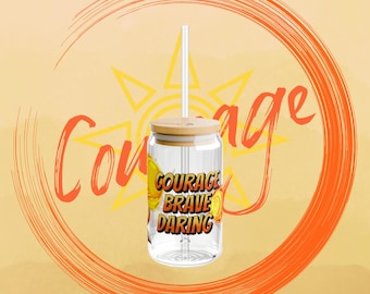 Digital Monster Evolution Glass, Digimon Drinkware, Anime 16oz Cup, Courage Brave Daring, Agumon Greymon Gift, Digivolve crest of courage