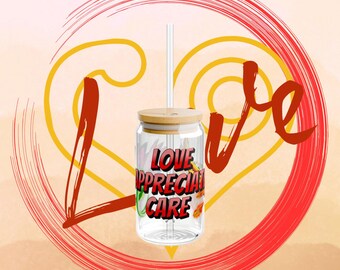 Digimon motivational Glass cup, Digimon Love Theme DigiGlass, Biyomon and Birdramon, Spread Love, Crest of love, 16oz, Drinkware gift set