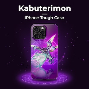 May include: A purple iPhone case with a graphic of a purple and green creature with wings. The creature is surrounded by a purple circle with white symbols. The text "Kabuterimon" is at the top of the case and the text "iPhone Tough Case" is below the creature.