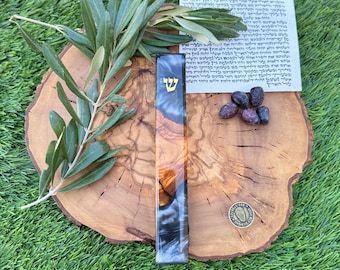 Mezuzah case. Glowing gray. Unique mezuzah. Judaica from Israel. Handmade from olive wood and epoxy. Gift to the Jewish home.