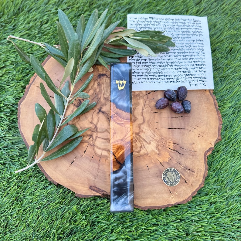 Mezuzah case. Glowing gray. 8 inches Unique mezuzah. Judaica from Israel. Handmade from olive wood and epoxy. Gift to the Jewish home.