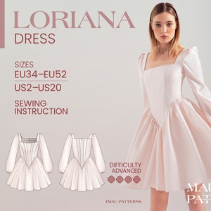 Princess Corset Dress with Long Sleeve Sewing Pattern in pdf format Loriana/US sizes 2-20