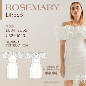 Korsett Kleid mit Abnehmbarer Rüsche PDF Schnittmuster Rosemary, Trendy Off-Shoulder Etuikleid, Abendkleid und Cocktailkleid Anleitung US 2-20