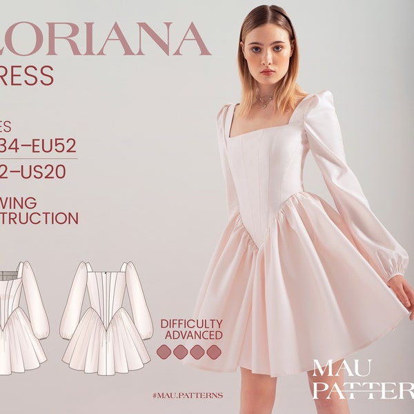 Loriana - princess corset dress with long sleeve Sewing Pattern in pdf format /US sizes 2 - 20