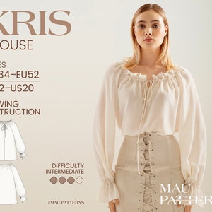 Kris - Renaissance Blouse, milkmaid top Sewing Pattern in pdf format /US sizes 2 - 20