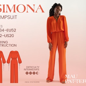 Simona - V-neck jumpsuit Puffed Sleeves Sewing Pattern in pdf format /US sizes 2 - 20