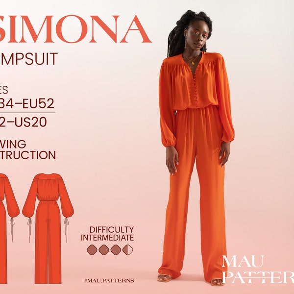 Simona - V-neck jumpsuit Puffed Sleeves Sewing Pattern in pdf format /US sizes 2 - 20