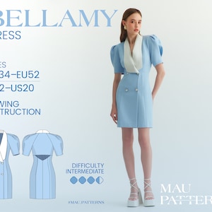 Bellamy - double breasted dress with contrast collar Sewing Pattern in PDF format /US sizes 2 - 20