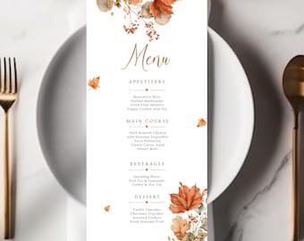 May include: A vertical rectangular menu card with a white background, featuring watercolor illustrations of orange and brown autumn leaves at the top and bottom. The text includes the word Menu followed by Appetizers, Main Course, Beverages, and Dessert.