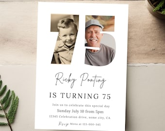 75th Birthday Invitation Template, Photo, Simple Design (Printable) - 180