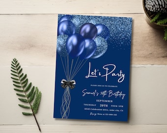 Editable Birthday Invitation For Men, Navy Blue Balloon Invite, 30th 40th 50th 60th Birthday Invitation Male, Adult Birthday Invites, 114