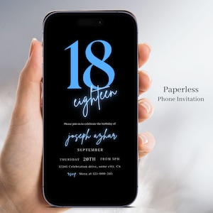 18th Birthday Invitation Boy Digital, Blue 18th Birthday Invite For Him, Editable Teenager Birthday Party Invitation Template,Text invite 06