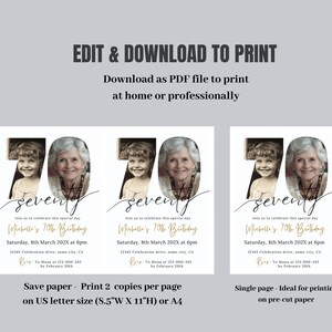 May include: A printable invitation for a 70th birthday celebration. The design features a photo of a woman and a child, with the number 70 in a large font. The invitation includes event details and instructions for printing.
