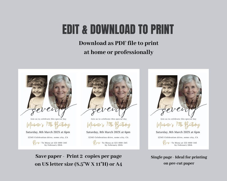 May include: A printable invitation for a 70th birthday celebration. The design features a photo of a woman and a child, with the number 70 in a large font. The invitation includes event details and instructions for printing.