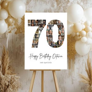 Plantilla de cartel de collage de fotos para el 70.° cumpleaños, cartel de bienvenida para el 70.° cumpleaños, regalo para el 70.° cumpleaños, pancarta para fiesta, cartel de jardín editable Canva 96