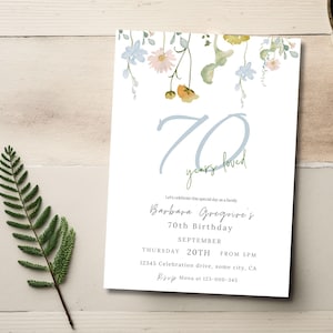 Faire-part 70e anniversaire pour femme numérique, floral et verts, carte d'invitation à la fête d'anniversaire de grand-mère, modifiable, imprimable, invitation textuelle 181