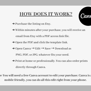 May include: A white graphic with the text "HOW DOES IT WORK?" and instructions for using a Canva template purchased on Etsy. The steps include purchasing, receiving a PDF, opening Canva, editing, saving, and downloading as PNG, PDF, or JPG.