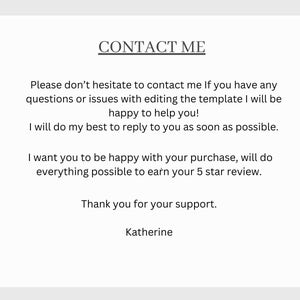 Op de afbeelding: Een witte achtergrond met zwarte tekst met de tekst "CONTACT ME". De tekst bevat een bericht over het contacteren van de verkoper met vragen of problemen, en een bedankje voor de steun, ondertekend door "Katherine".