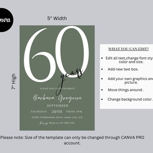 May include: A green invitation card with white text. The card says "60 years" and "Please join us to celebrate Barbara Gregoire September 20th from 5pm 12345 Celebration drive, some city, CA RSVP Mona at 123-000-345". The card also includes a list of editable elements, such as text, font style, color, size, and background color.