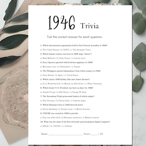 May include: A white paper trivia sheet titled 1946 Trivia with ten multiple-choice questions about historical events from 1946. The document includes a space for a name and a score out of 10 at the bottom, printed in black text on a white background.