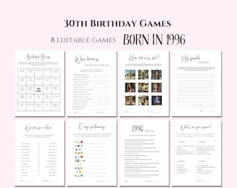 Juegos de cumpleaños número 30 para ella, nacida en 1996, juegos de fiesta editables e imprimibles (descarga digital) - 19