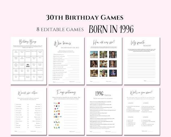 30th Birthday Games For Her, Born In 1996, Editable & Printable Party Games (Digital Download) - 19