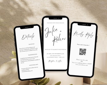 Electronic Wedding Invitation QR code RSVP & Details Template Set , Minimalist Wedding Suite, Smartphone Digital invite, Julie 17